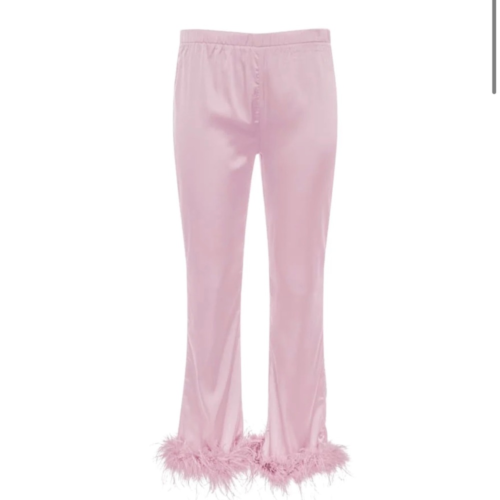 Rumored Studio 54 Satin Feather Trim Pants in Bubblegum Pink